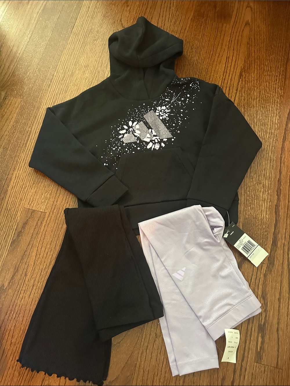 NWT adidas Black FLOWER Hoodie with Lavender Leggings and Black Ribbed Pants